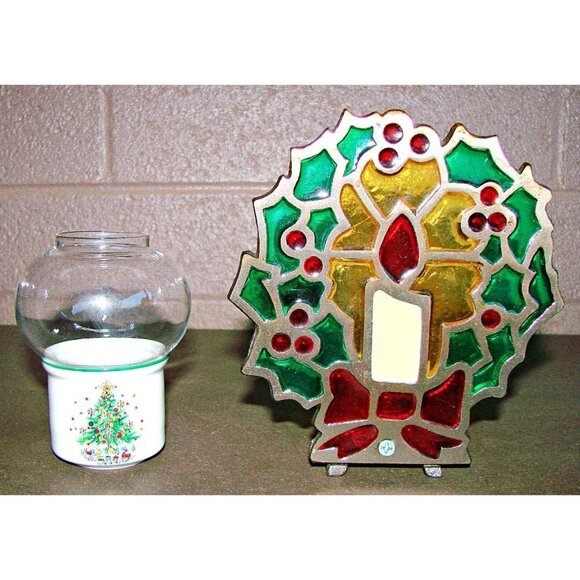 Lot 2 Vintage Tea Light Candle Holders Stain Glass Cast Iron Wreath Ceramic Dome - Picture 1 of 12